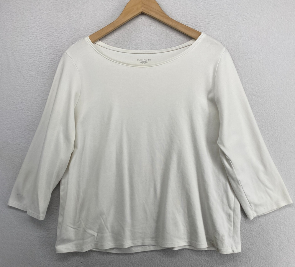 EILEEN FISHER Top XL Organic Cotton Interlock Jersey Boat Neck 3/4 Sleeve White